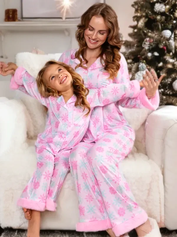 Mommy and Me Frosted Flurries Pink Snowflake Furry Pajama Set