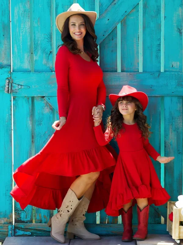 Mommy and Me Red Ruffled Rib Hi-Lo Twirl Dress