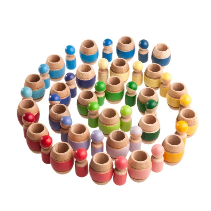Montessori Color Sorting Wooden Toy Peg Dolls In Barrels – Set Of 25