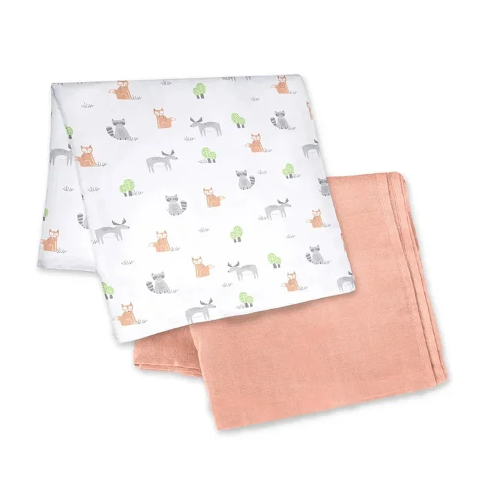 Moon – Bamboo Muslin Wrap/ Swaddle (Forest Print & Peach)