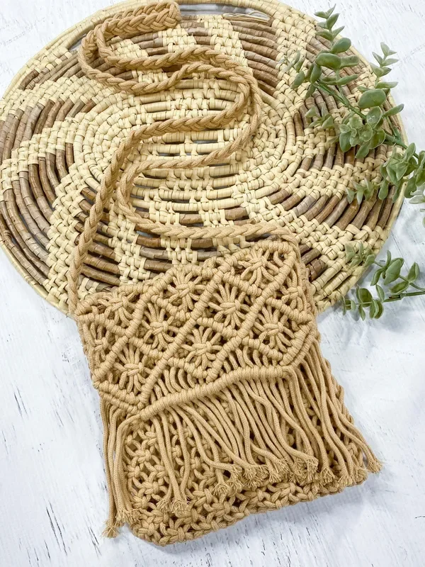 Oatmeal Macrame Woven Boho Fringe Girls Purse