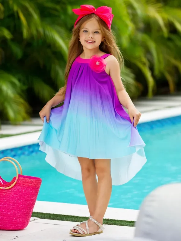 Ocean Sunset Ombre Pleated Hi-Lo Dress