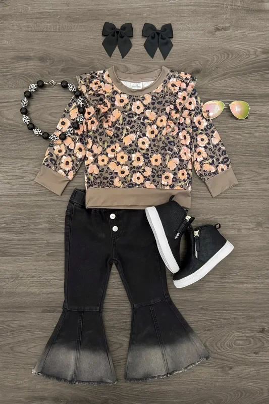 Olive Cheetah Floral Distressed Denim Set