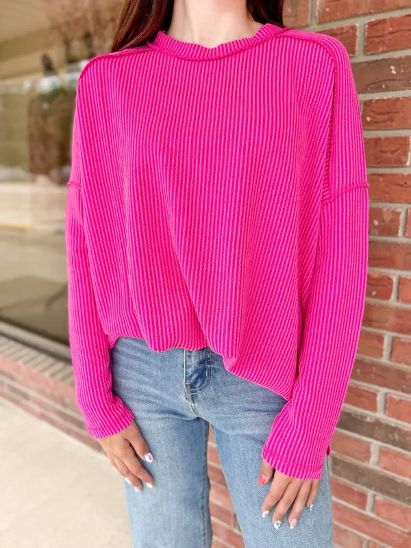 On The Run Hot Pink Ribbed Long Sleeve Top