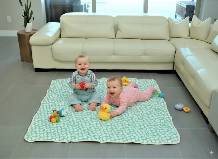 Organic Cotton Play Mat/quilted Blanket – Forest Friends/mint Pebbles Reversible