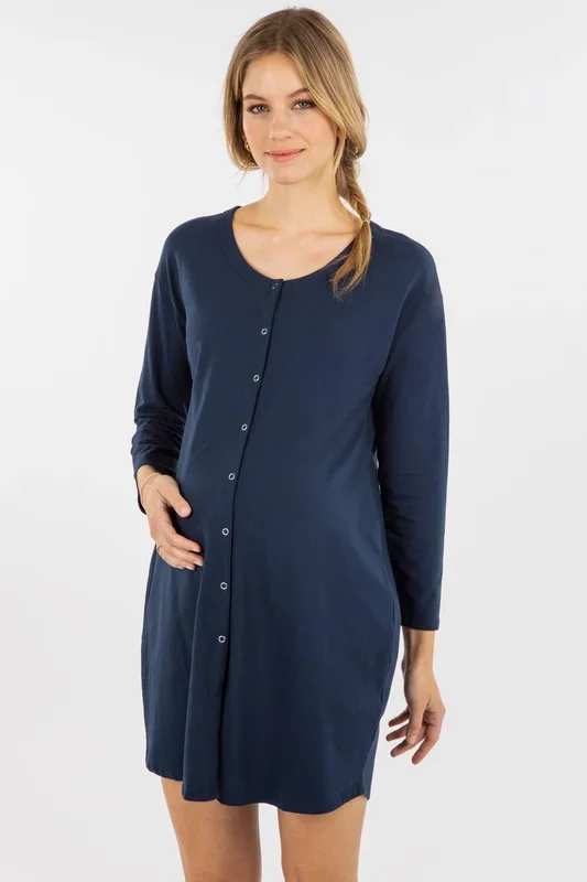 Organic maternity and nursing nightgown with button placket