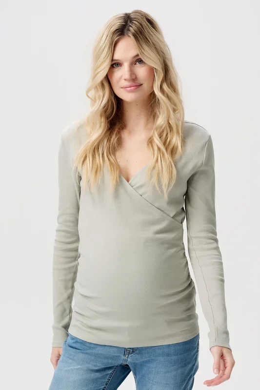 Organic maternity and nursing shirt with ribbed texture, sage green