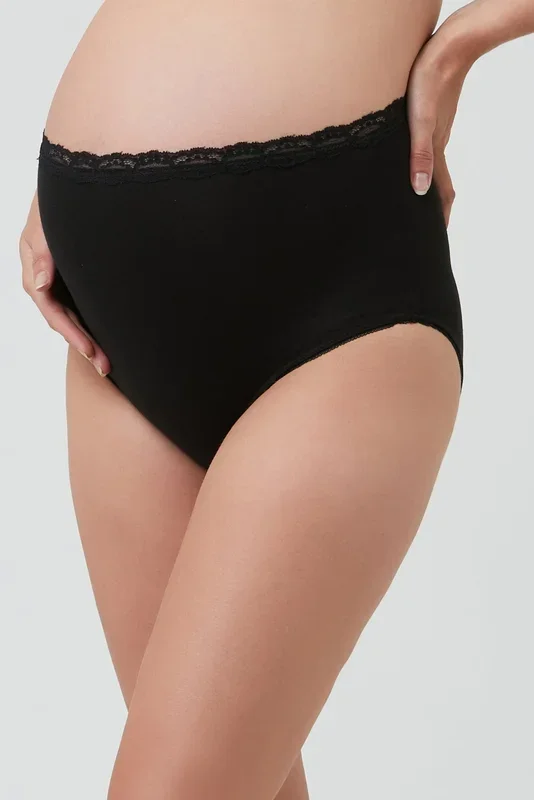 Organic over-the-belly maternity briefs with lace, black