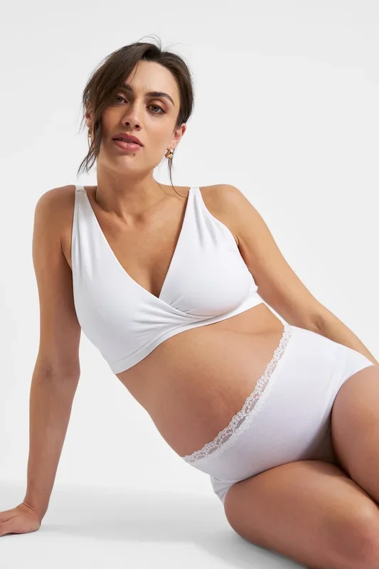 Organic over-the-belly maternity briefs with lace, white