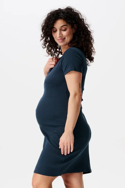 Organic ribbed maternity and nursing nightgown, short sleeve, navy