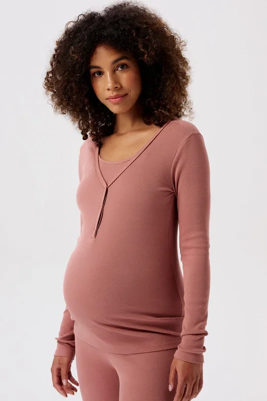 Organic ribbed maternity and nursing shirt, long sleeves, terracotta