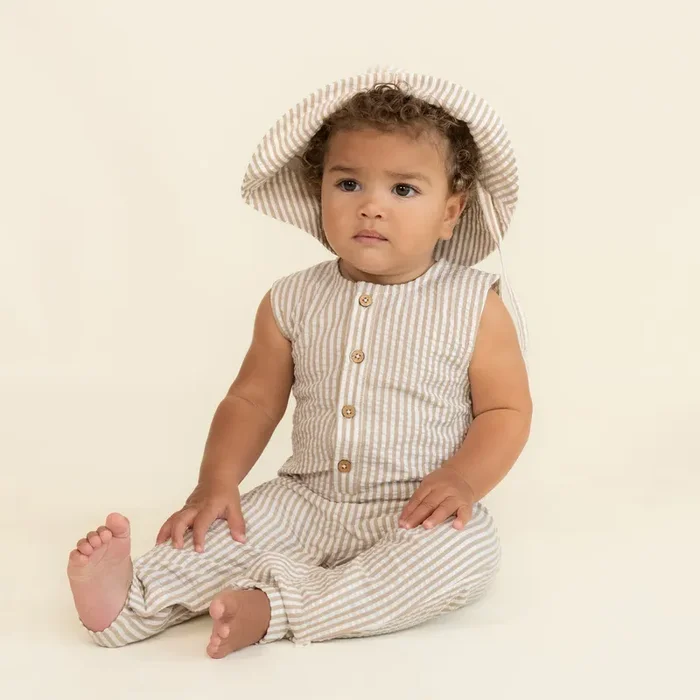 Organic Sleeveless Full Romper – Brown Stripes