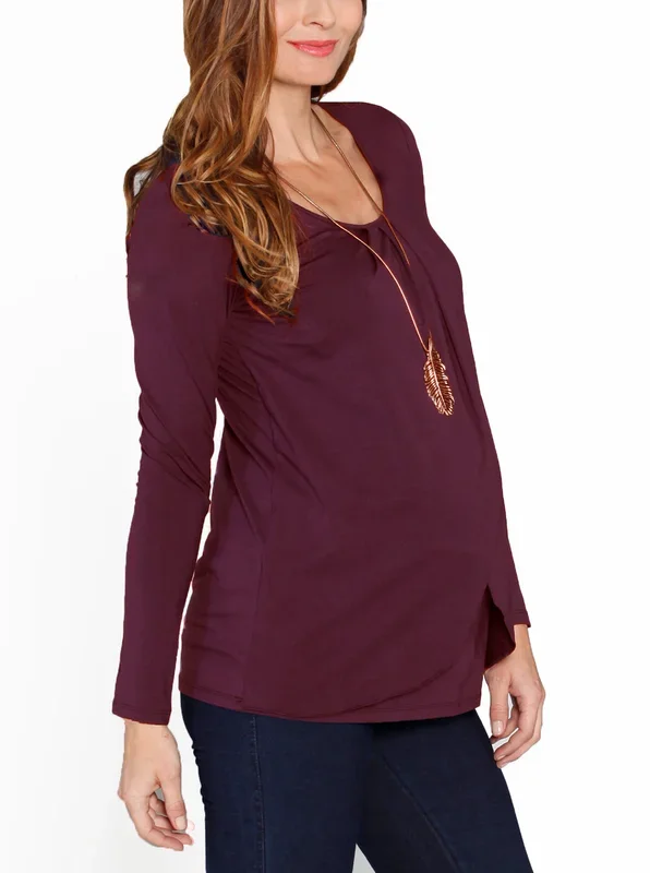 Petal Front Long Sleeve Nursing Top – Deep Plum