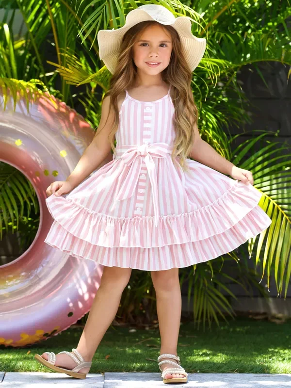 Pink Candy Stripe Button-Up Linen Ruffle Dress