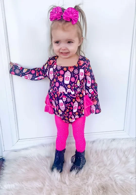 Pink Christmas coffee ruffle romper