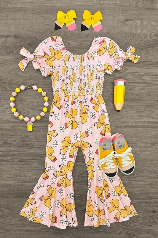 Pink Pencil Bow Flare Jumpsuit