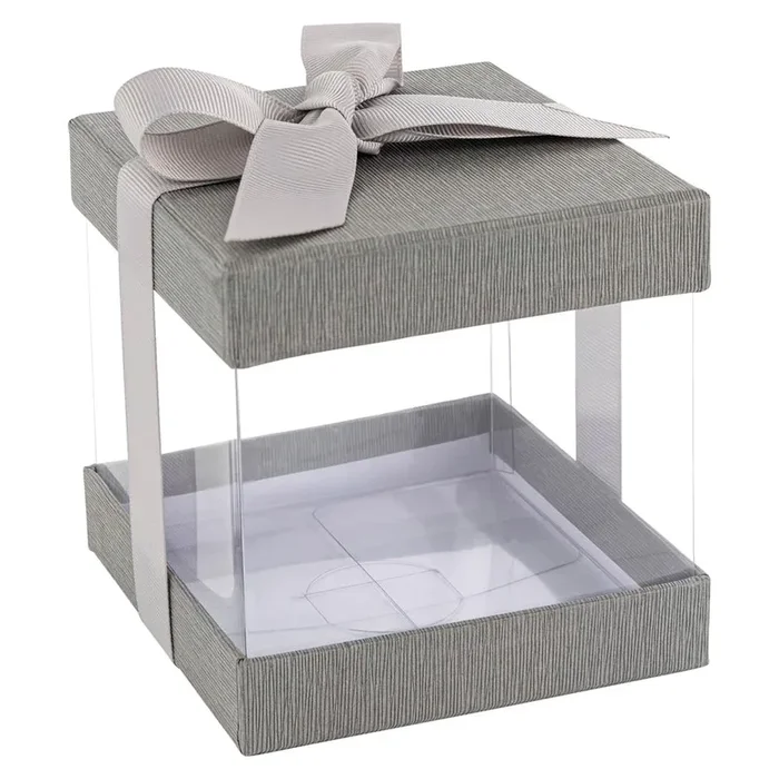 Plastic Gift Boxes Gray 4x4x4 ” 6 Pack Bakery Boxes With Base Lid & Ribbon
