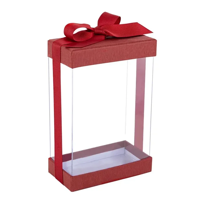 Plastic Gift Boxes With Base Lid & Ribbon Maroon 7.5x5x2.5 ” 6 Pack Bakery Boxes