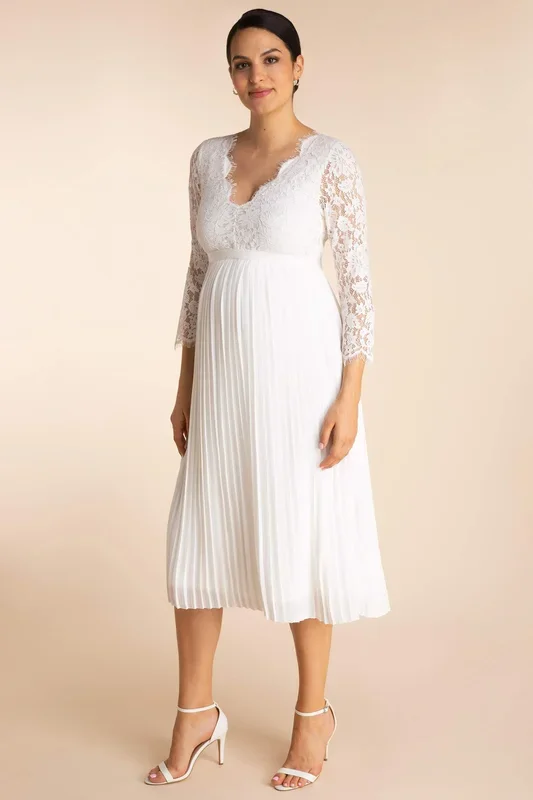 Plus size maternity wedding dress with lace bodice and pleated 3/4 sleeves
