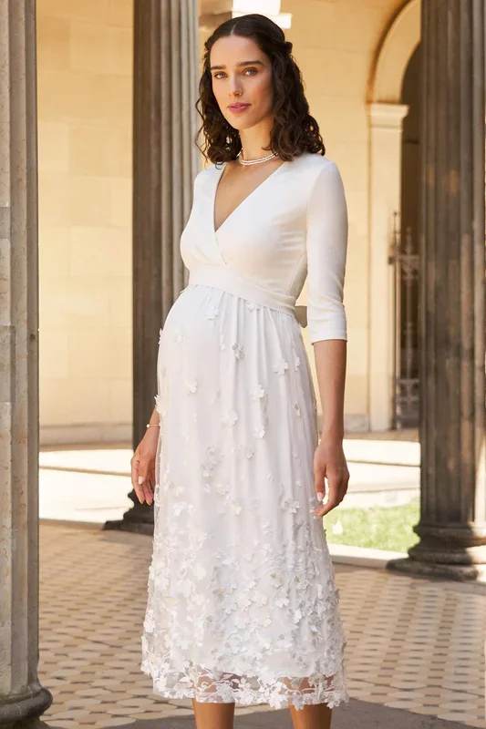 Plus size midi maternity wedding dress with embroidered lace