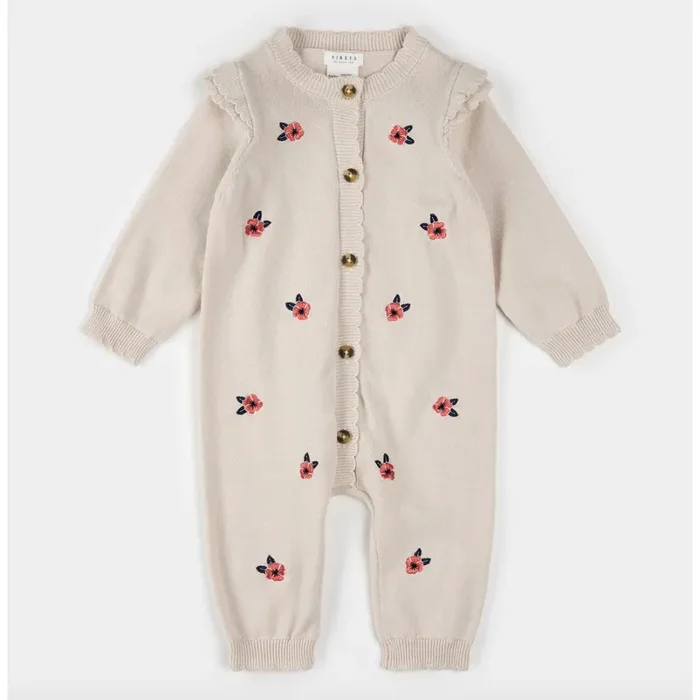 POPPY PRINT KNIT PLAYSUIT-BEIGE
