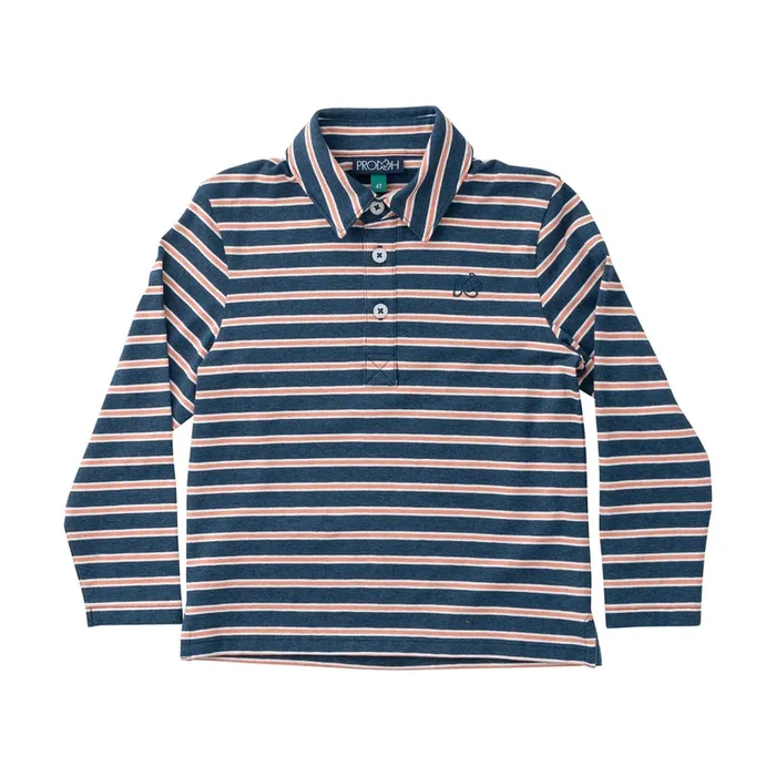 Prodoh Boys Long Sleeve Too Cool For School Cotton Polo in Dark Denim and Faded Orange Stripe