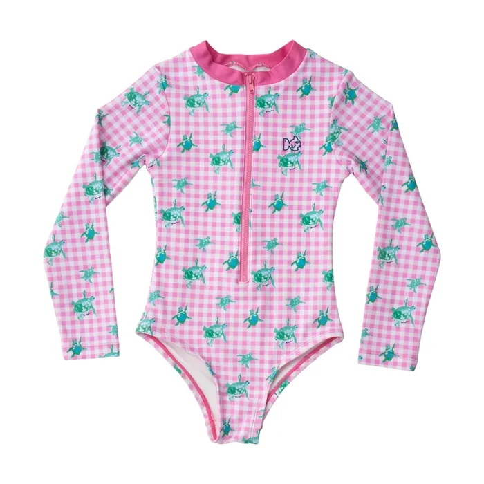 Prodoh- Girls’ One Piece Swimsuit in Fuchsia Pink Gingham Turtle Print