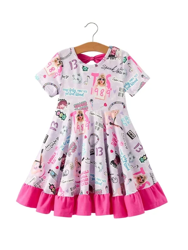 Purple Ts Print Ruffle Girls’ Short Sleeve Christmas Dress