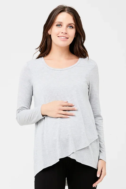 Raw Edge Long Sleeve Maternity and Nursing Shirt Grey
