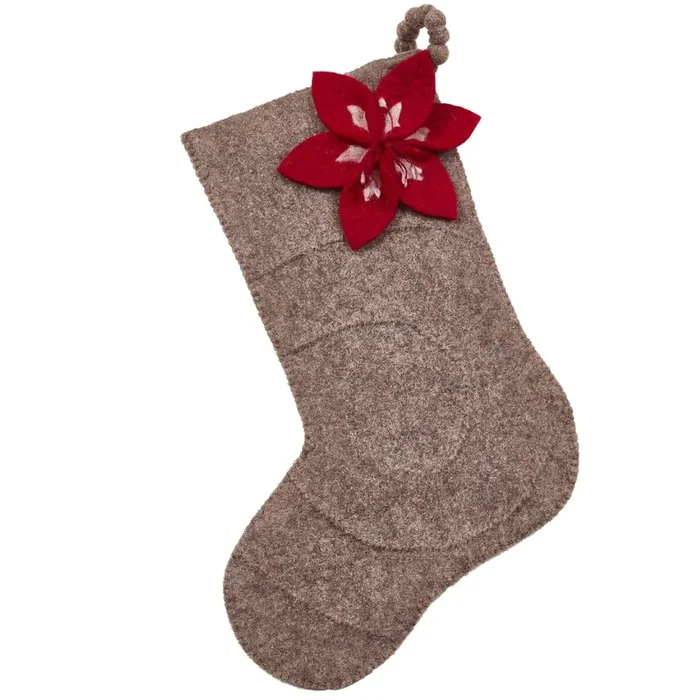 Red Amaryllis Gray Christmas Stocking Hand Felted Wool