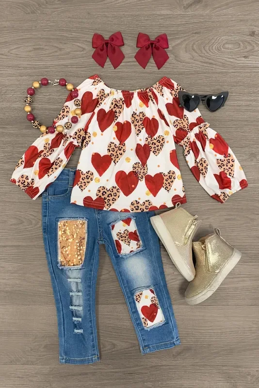 Red Cheetah Hearts Distressed Denim Set