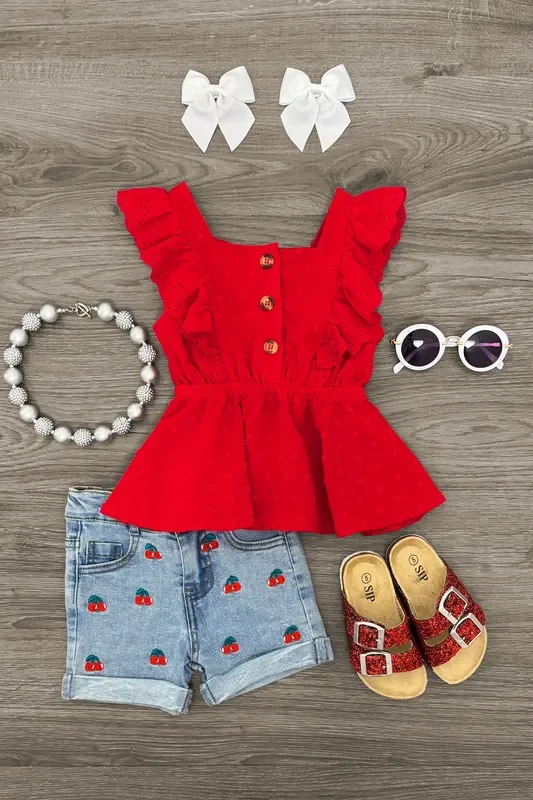 Red Cherry Denim Short Set