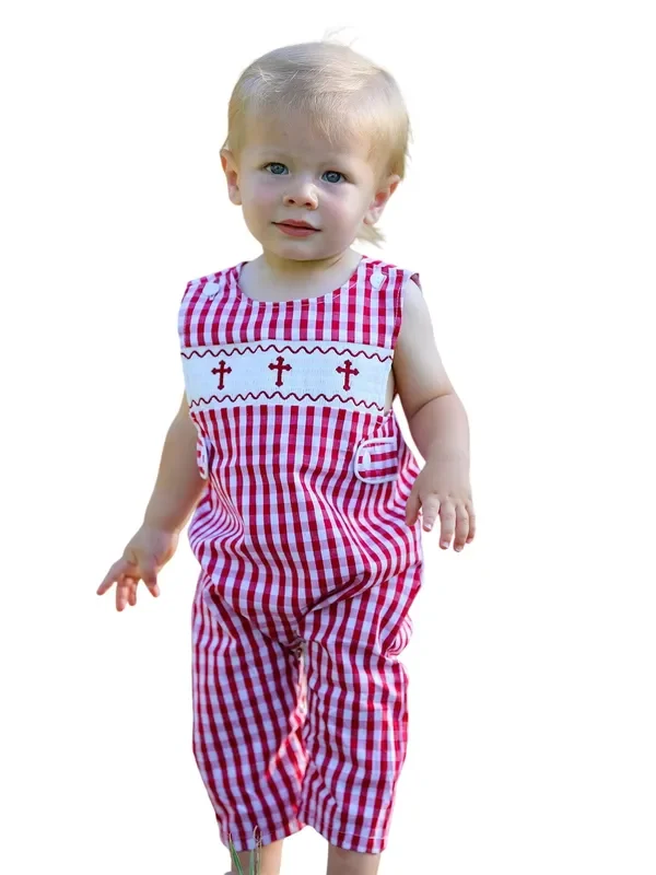 Red Plaid Smocked Church Christ Bishop Christening Baby Boys’ Romper