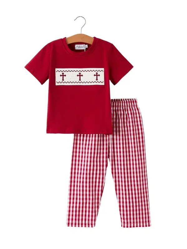 Red Plaid Smocked Church Christ Bishop Christening Boys’set