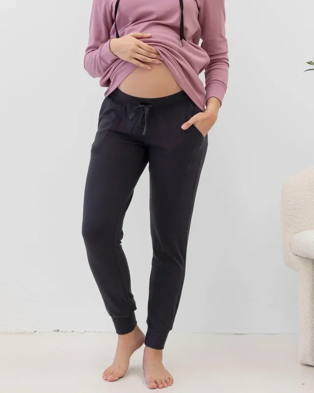 Rib Low Waist Maternity Jogger Pants- Black