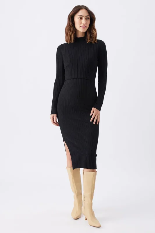 Ribbed knit maternity and nursing dress, black