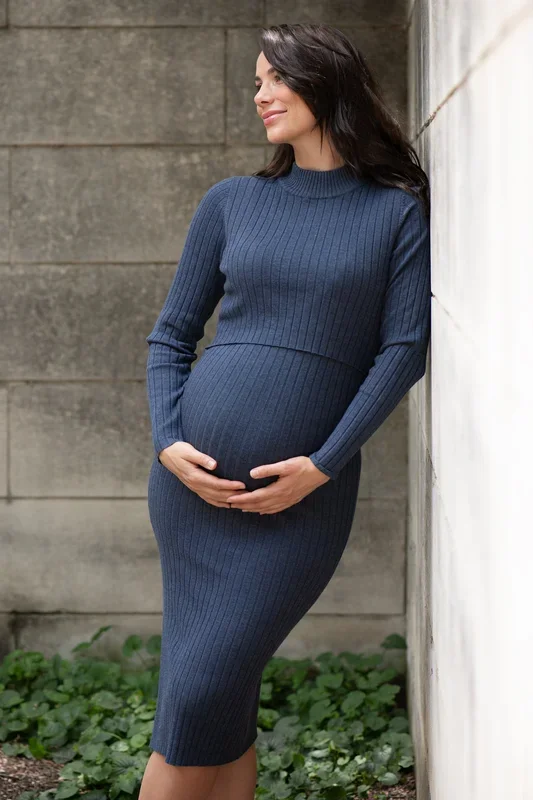 Ribbed knit maternity and nursing dress, slate blue