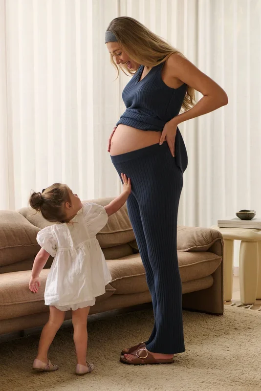 Ribbed loose fit maternity trousers, slate blue