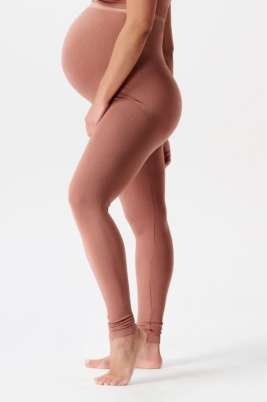 Ribbed Seamless Over-the-Bumper Maternity Leggings, Dusty Rose