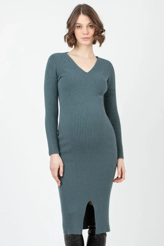 Rippstrick Bodycon Umstandskleid mit Schlitz schieferblau