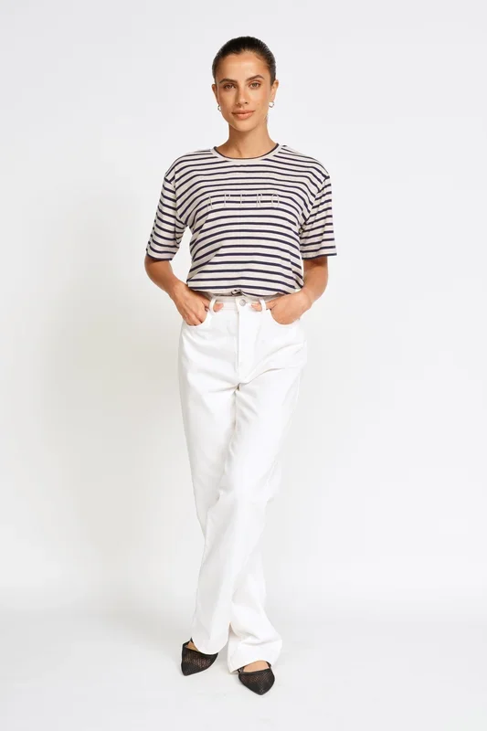 Riviera Stripe Panel Tee – Navy / Beige Marle