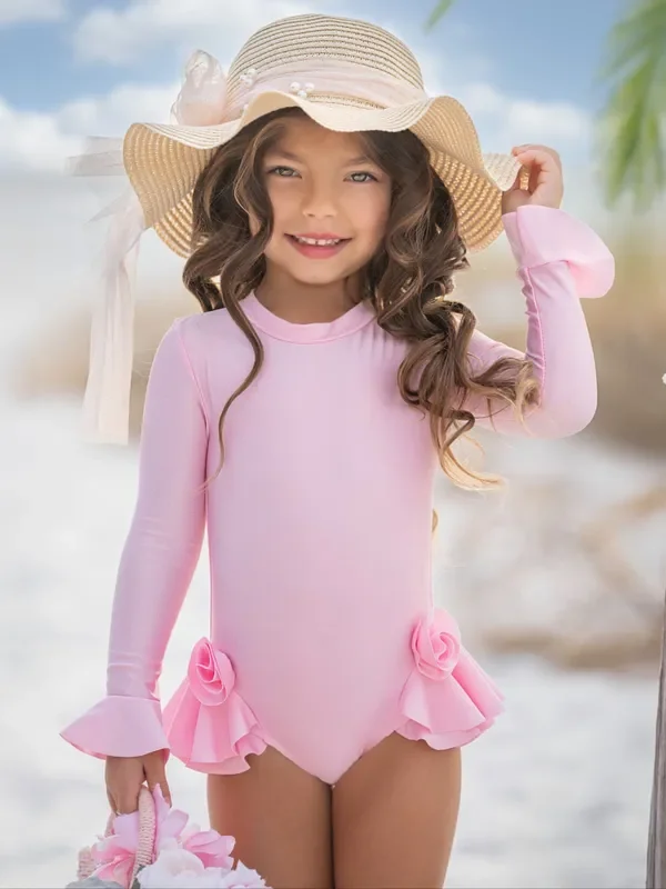 Rose Petal Rash Guard One-Piece Swimsuit