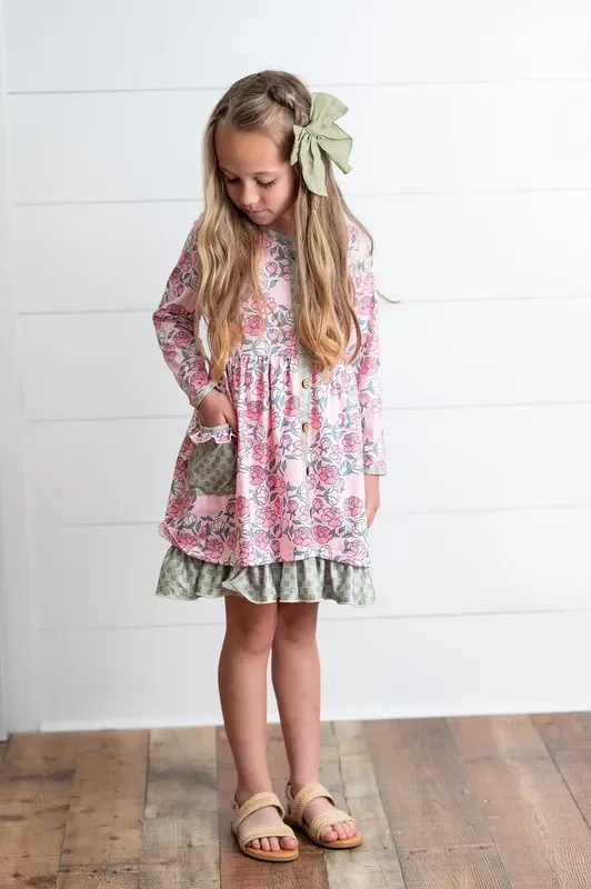 Rose Sage Check Pocket Tie Dress