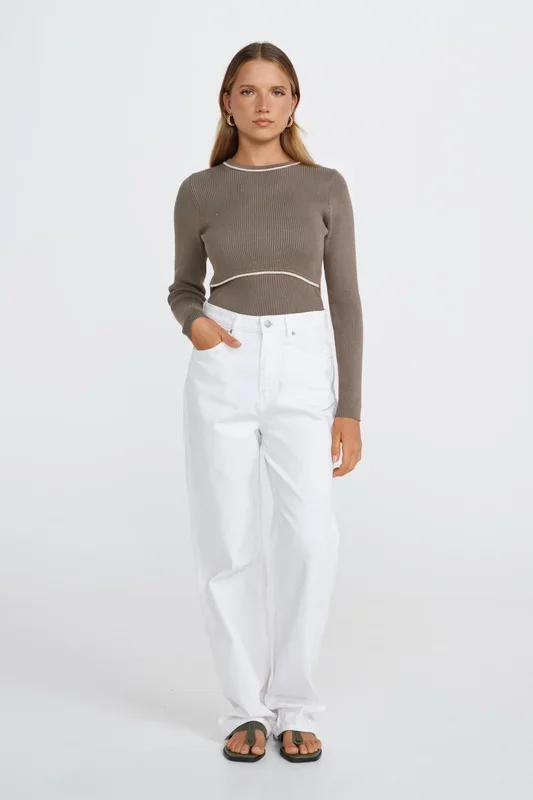 Rowe Long Sleeve Knit Top – Khaki / Cream