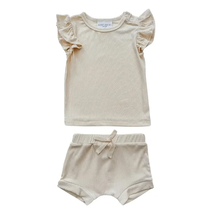 Ruffle Ribbed Short Set – Cream