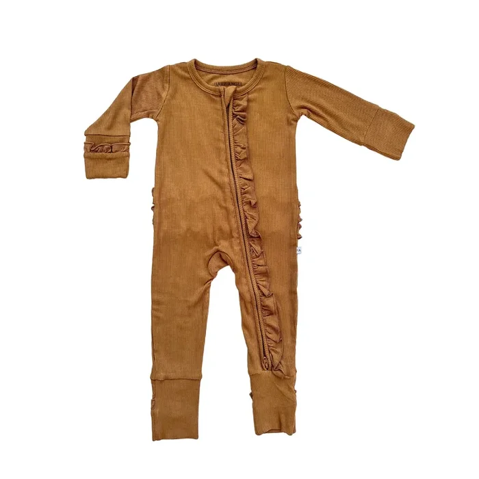Ruffle Zipper One Piece – Caramel Ribbed