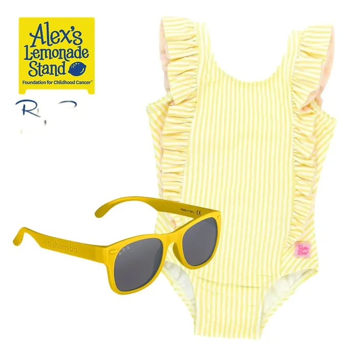 Rufflebutts Toddler Seersucker One Piece With Roshambo Yellow Sunglasses