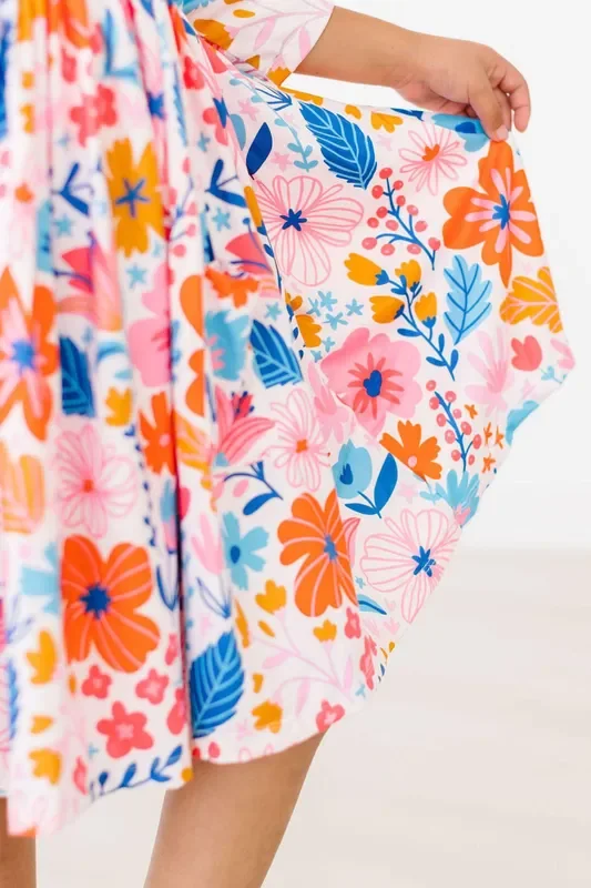 SALE Colorful Carnations 3/4 Sleeve Pocket Twirl Dress