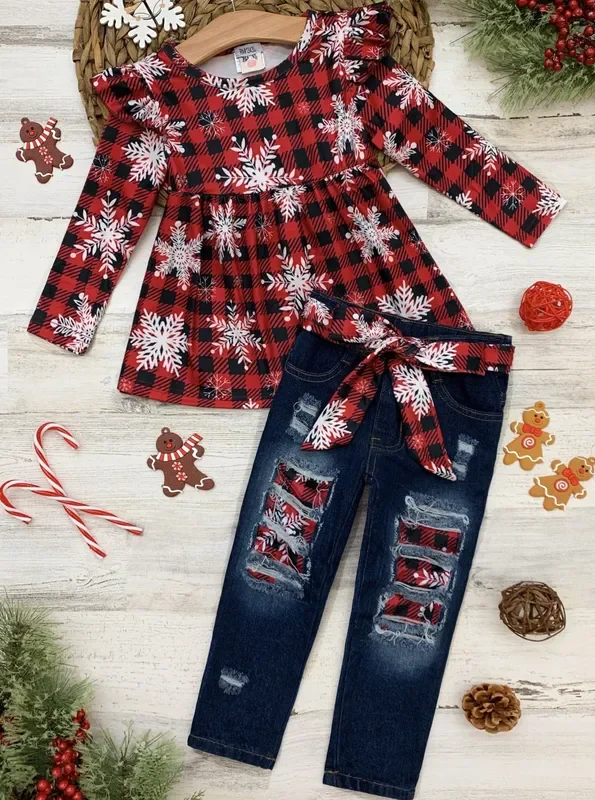 Say It Ain’t Snow Plaid Patched Jeans Set