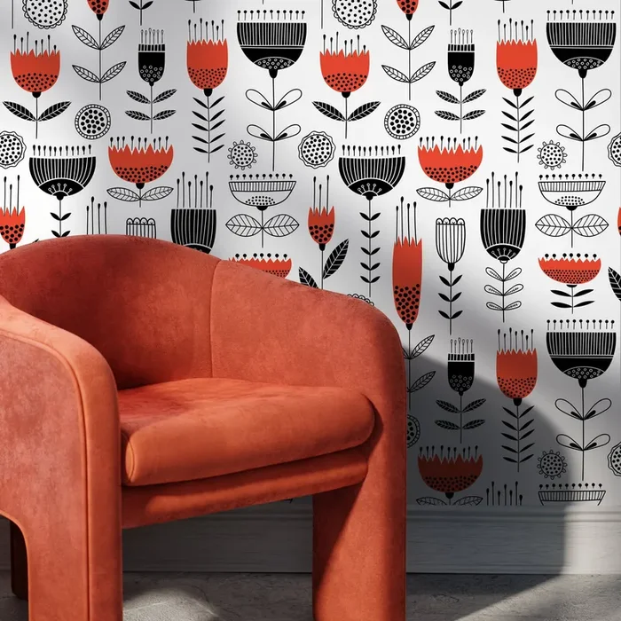 Scandinavian Wallpaper With A Folk Art Floral Motif In Red And Black – A977
